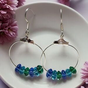 Hand Crafted Elegant Blue Beaded Hoop Earrings